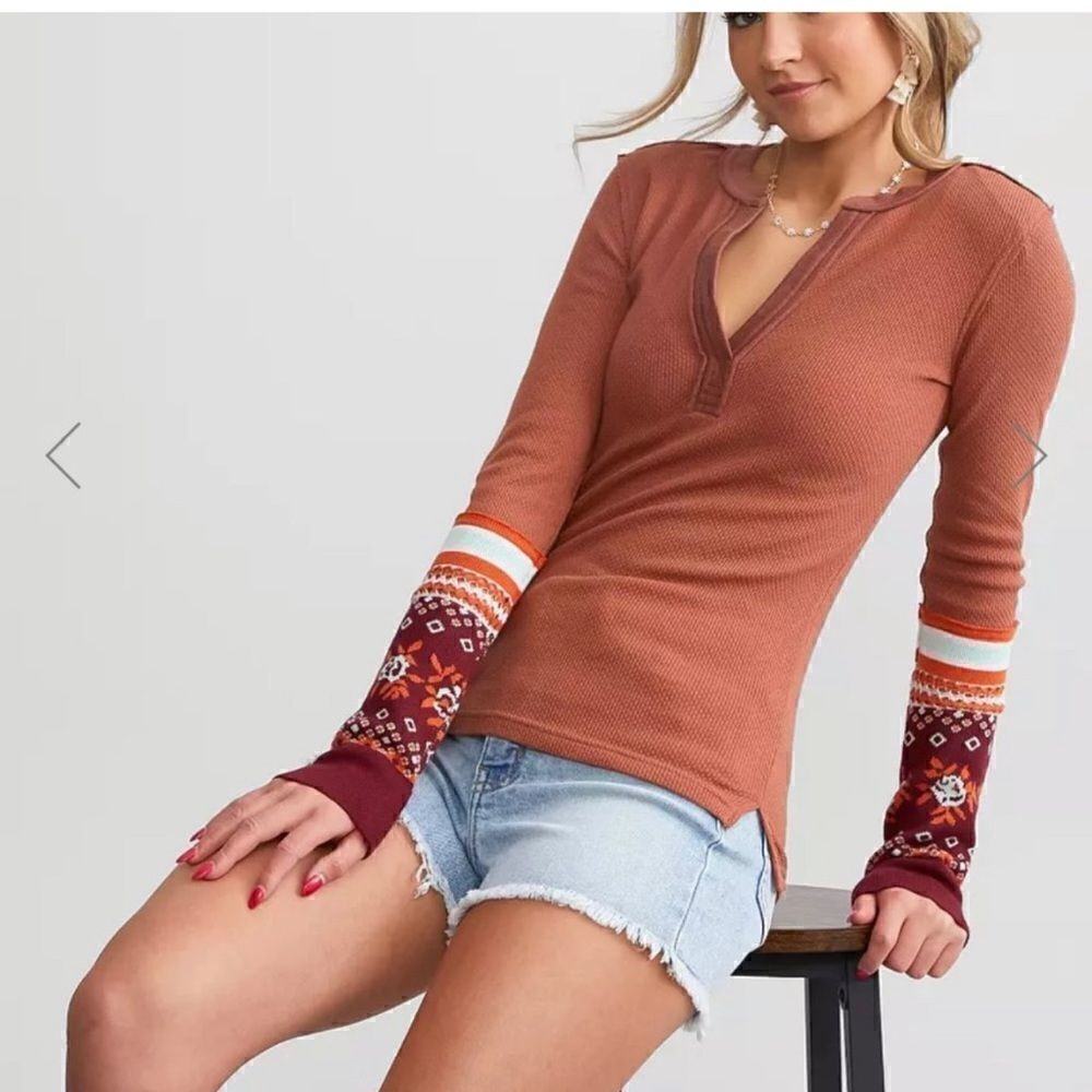 NWT Free People Notch Neck Mikah Henley Thermal Top Size XS Autumn
